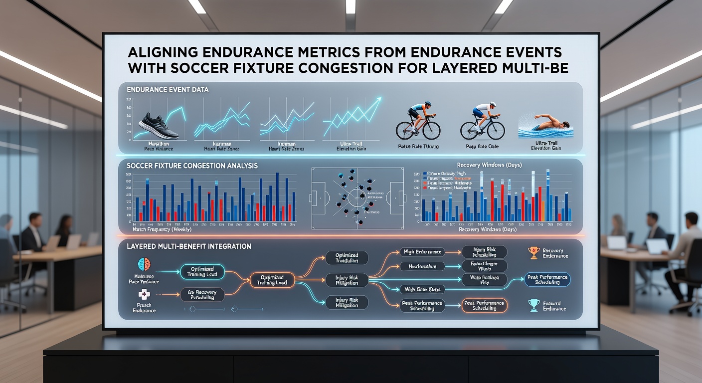Soccer players during congested fixture period with overlaid endurance recovery metrics and betting layer diagram
