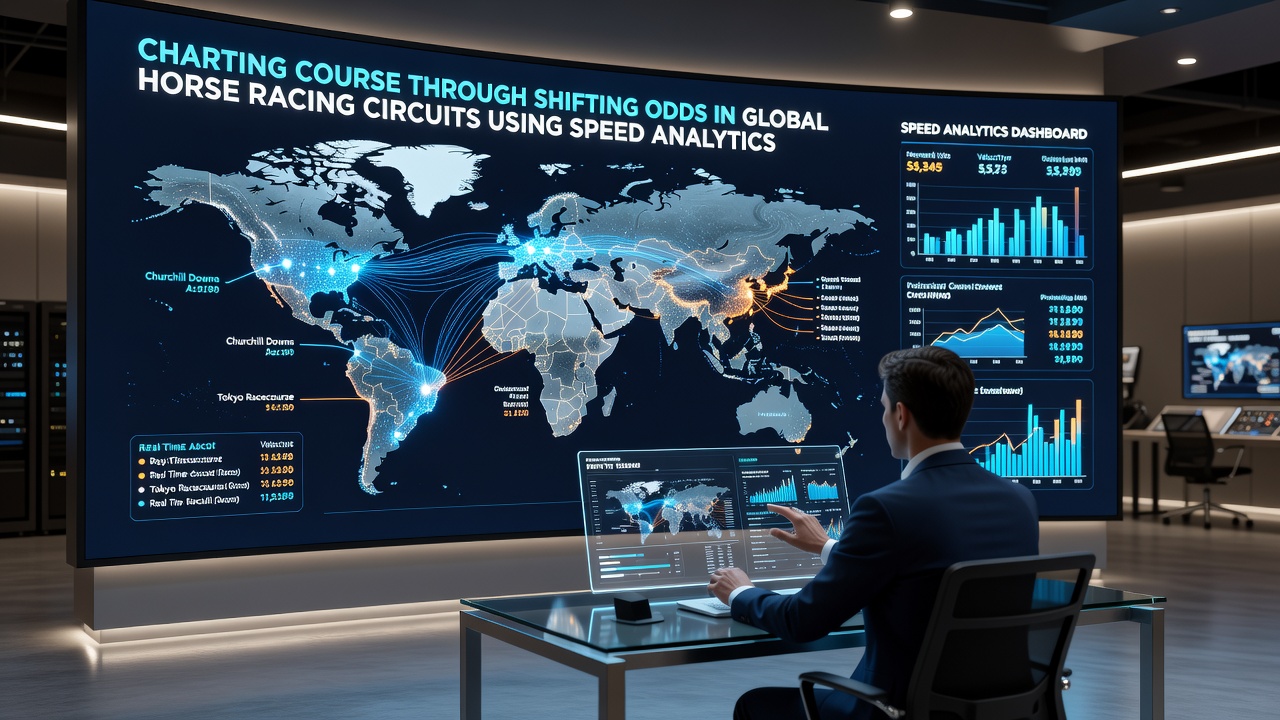 Analyst reviewing speed figure charts on multiple monitors with international race replays and sectional timing data