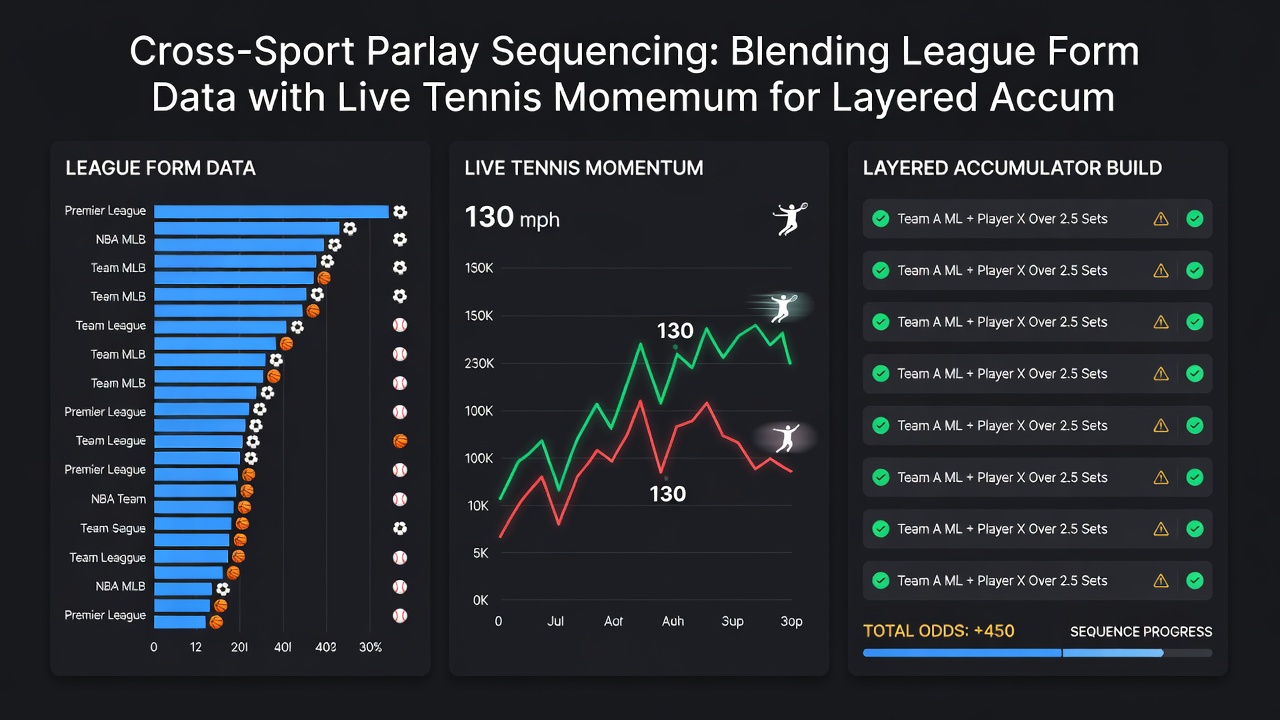 Live data feed overlay showing tennis momentum metrics feeding into multi-sport accumulator builder