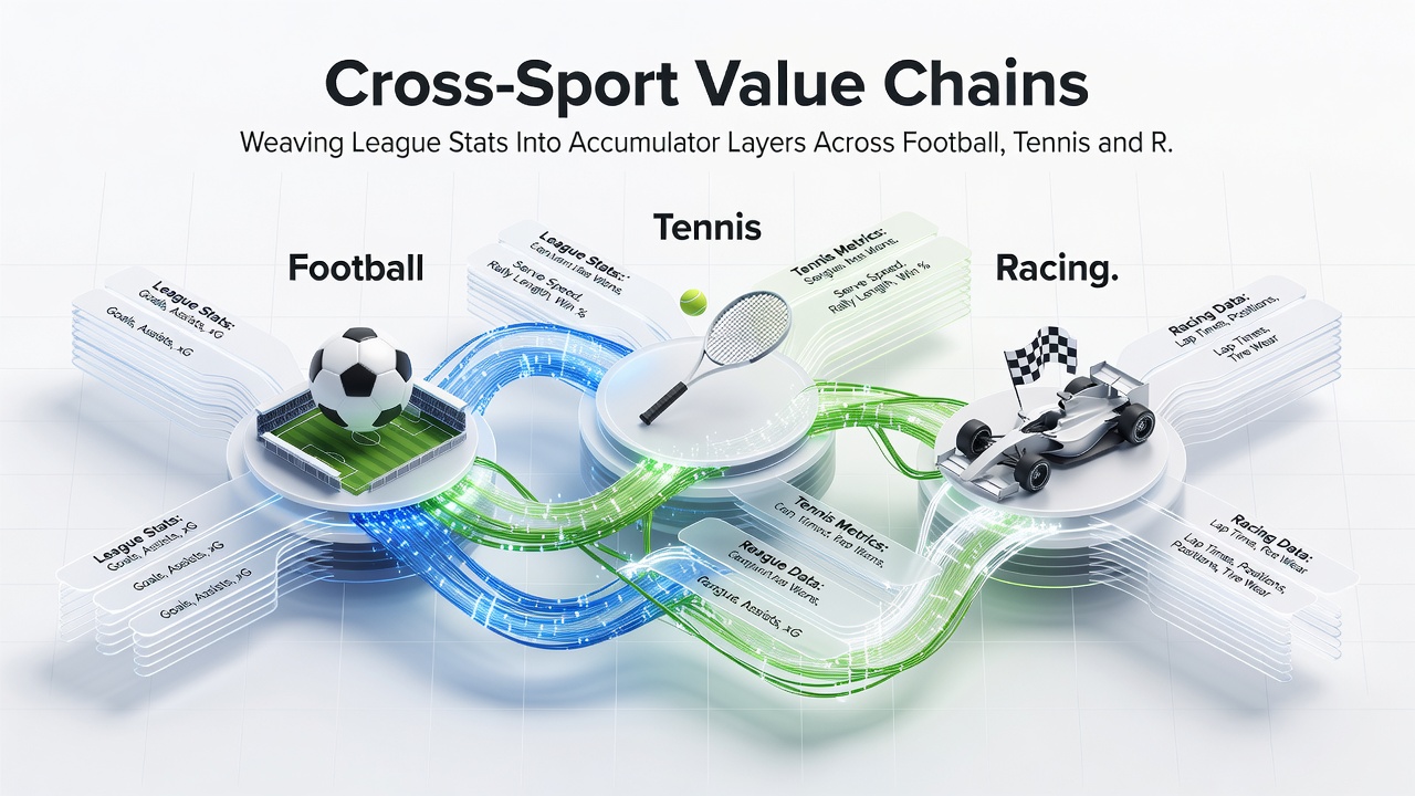 Infographic illustrating accumulator layer construction across football, tennis, and racing with example statistical inputs