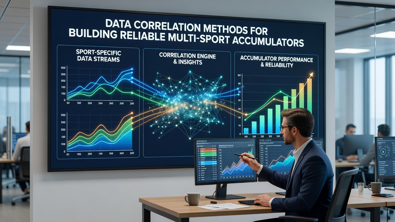 Statistical software interface displaying multi-sport data sets and correlation matrices used in accumulator modeling
