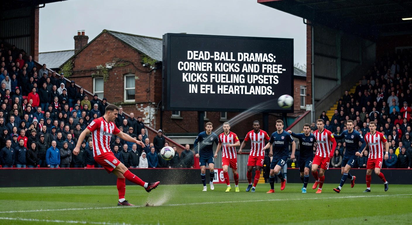 Exultant EFL players celebrating a free-kick goal in a packed stadium, capturing the raw emotion of an upset in full swing