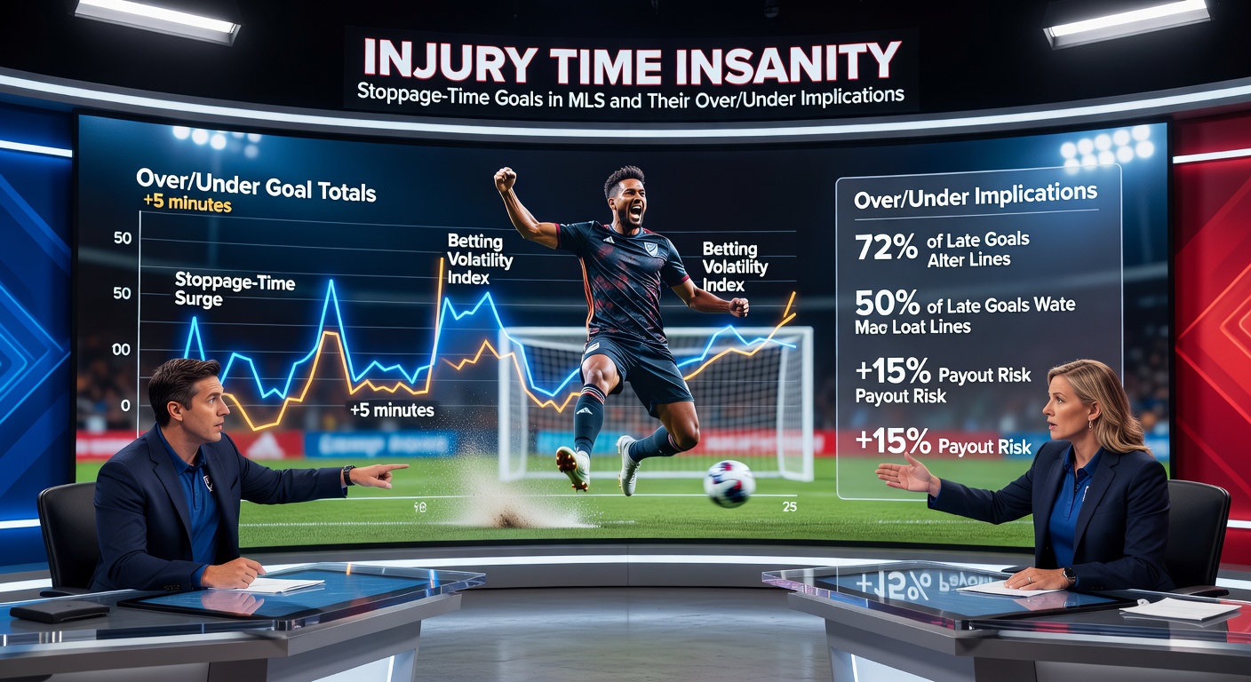 Close-up of MLS referee signaling added stoppage time, players tensed on the pitch amid a tense match