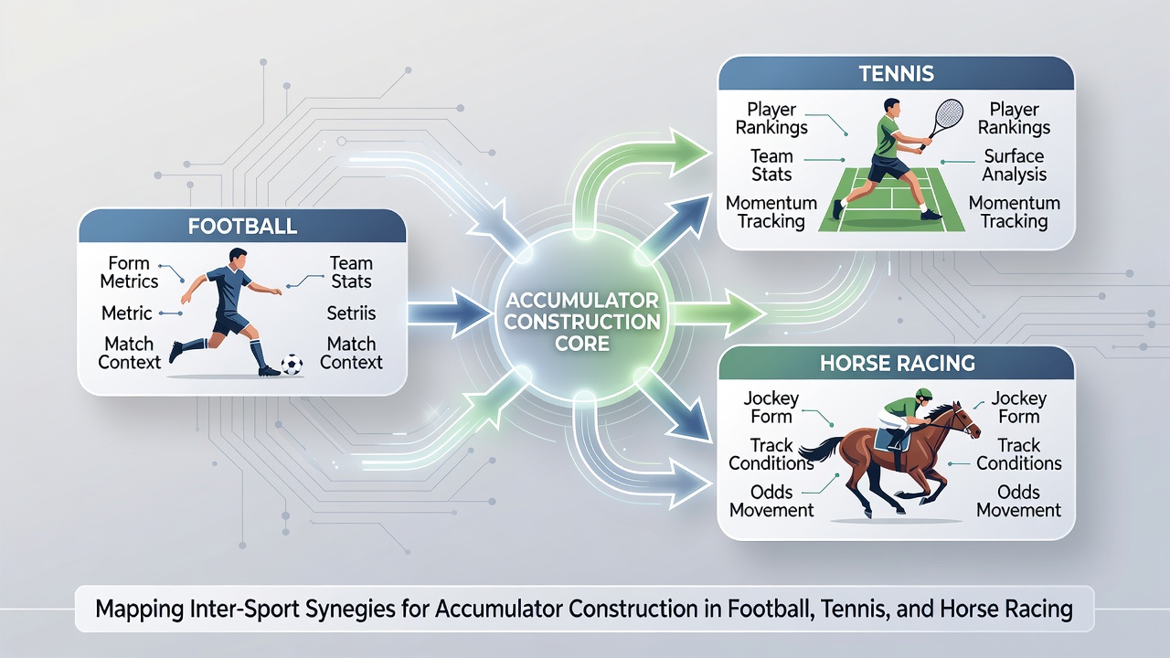 Charts displaying statistical correlations between football, tennis, and horse racing outcomes for accumulator strategies