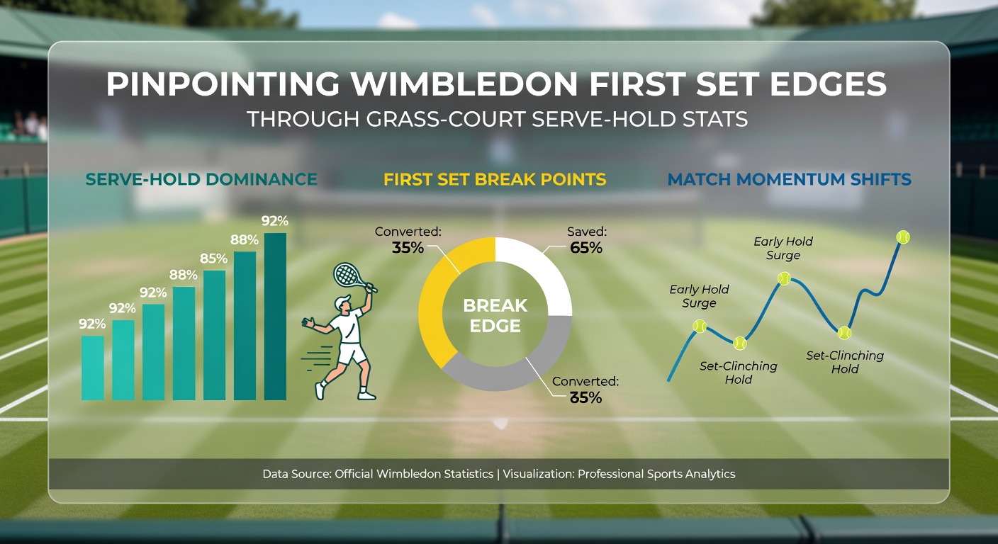 Close-up chart displaying serve-hold percentages across Wimbledon first sets from 2015-2025, with bars comparing top seeds versus underdogs on grass