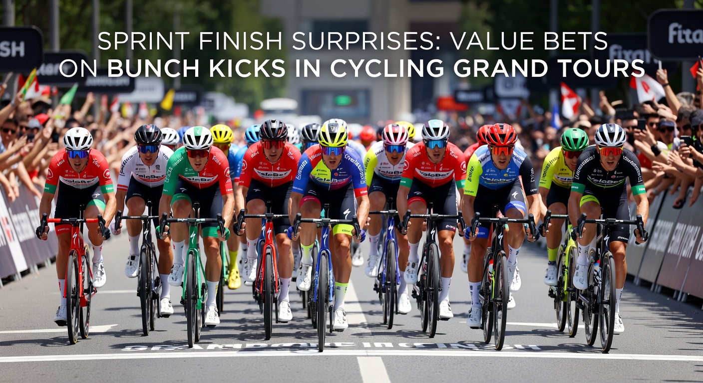 Close-up of a bunch sprint finish line, riders neck-and-neck with the winner raising arms amid a packed peloton