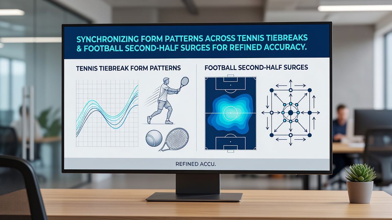 Data charts showing synchronized patterns between tennis tiebreak points and football second-half goal timelines