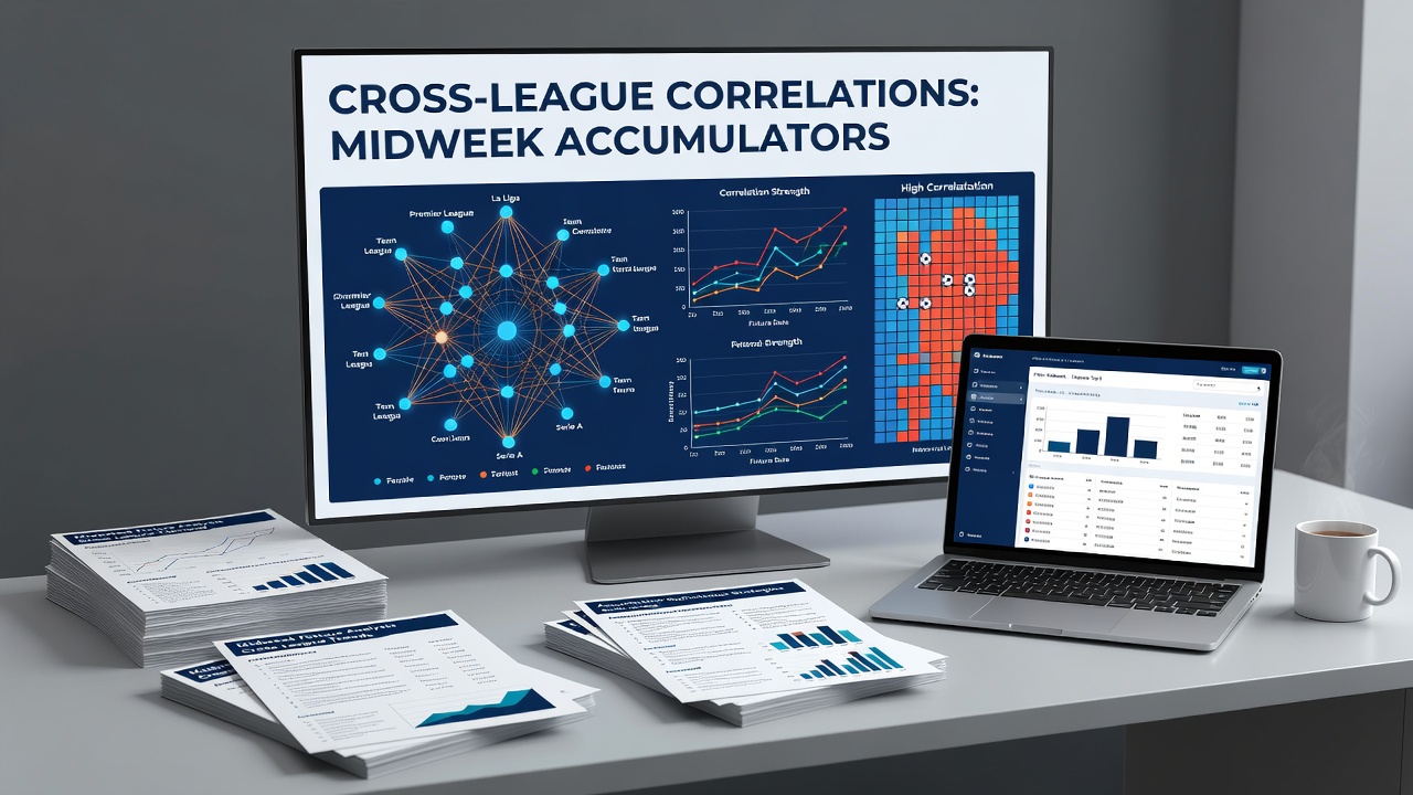 Statistical charts and laptop screen displaying cross-league betting correlations with football match data overlays