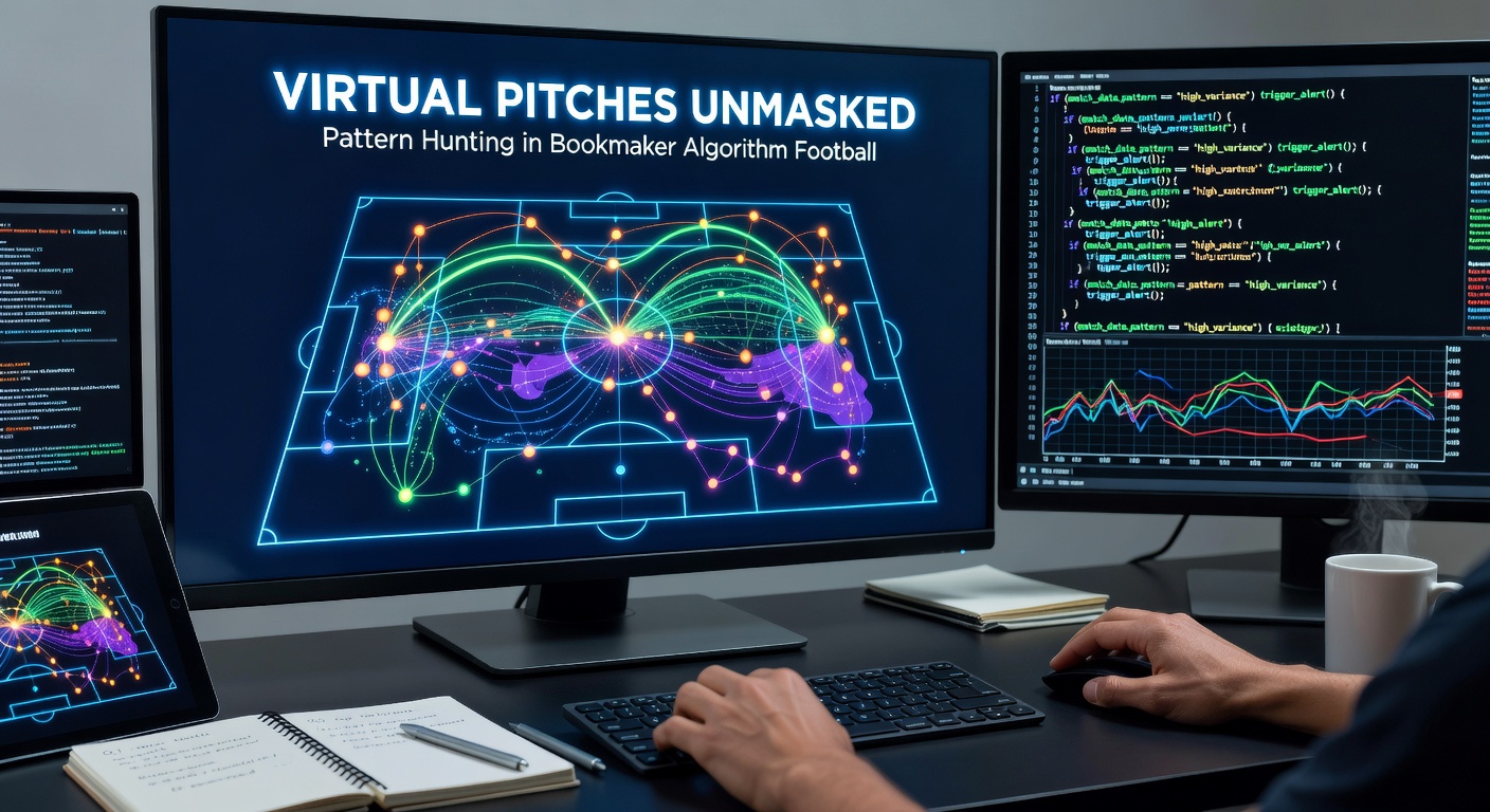 Close-up of bookmaker dashboard displaying virtual football stats, highlighting pattern graphs for goals, corners, and team form