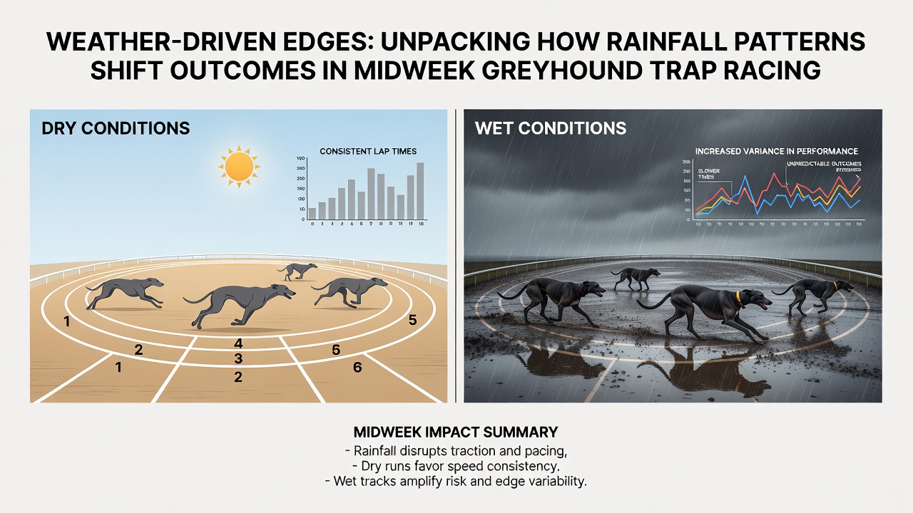 Close-up of greyhounds exiting the traps on a damp racing surface with visible spray from paws